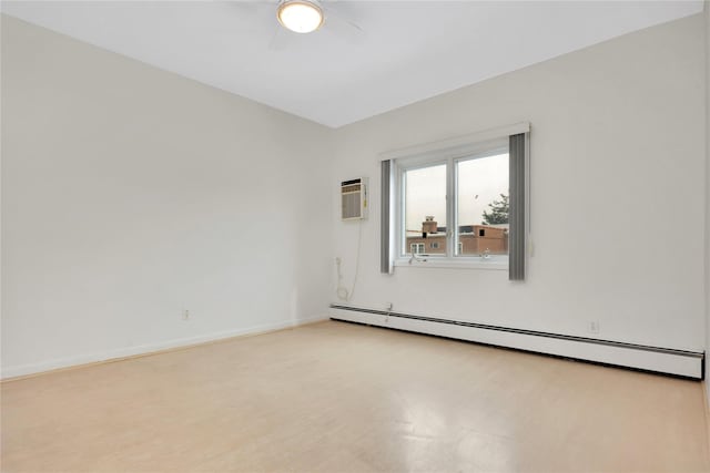 empty room featuring baseboards, a baseboard heating unit, a ceiling fan, and a wall mounted AC