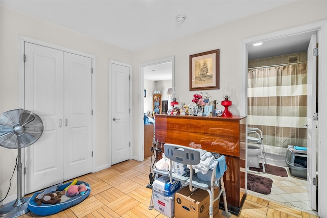 interior space with light parquet floors