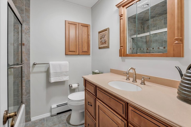 full bathroom with tile patterned floors, toilet, a baseboard radiator, vanity, and enclosed tub / shower combo