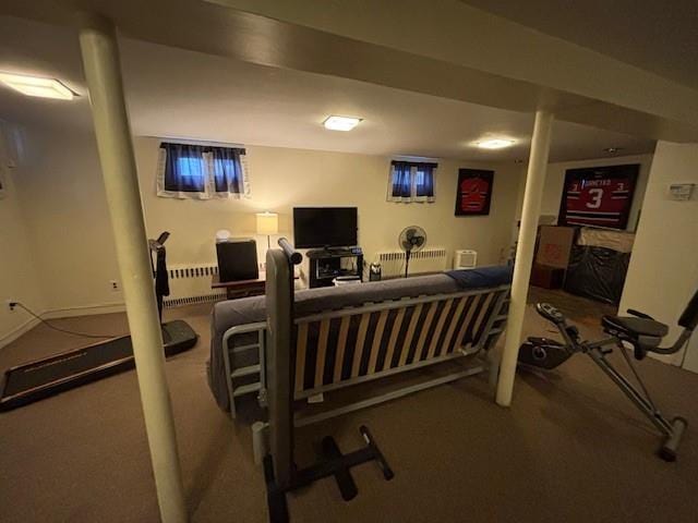 workout area featuring radiator heating unit and carpet flooring