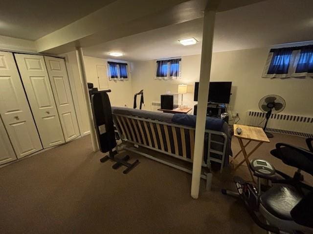 interior space featuring radiator heating unit and carpet flooring