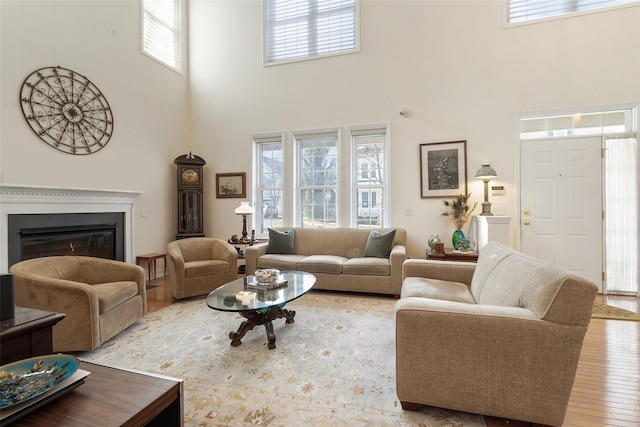 living room featuring light hardwood / wood-style flooring, a healthy amount of sunlight, and a high ceiling