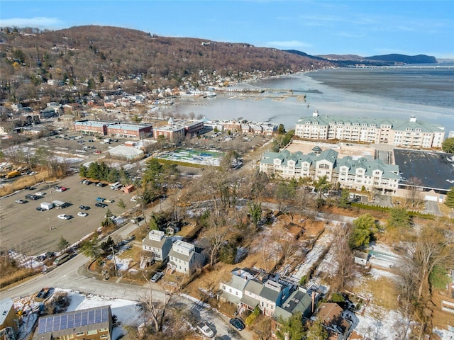 birds eye view of property with a water and mountain view