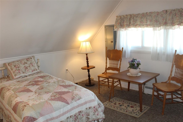 carpeted bedroom with lofted ceiling