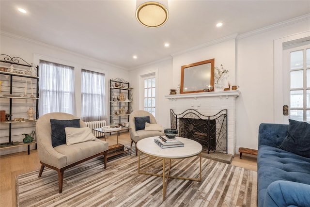 living room with hardwood / wood-style floors, crown molding, a fireplace, and radiator