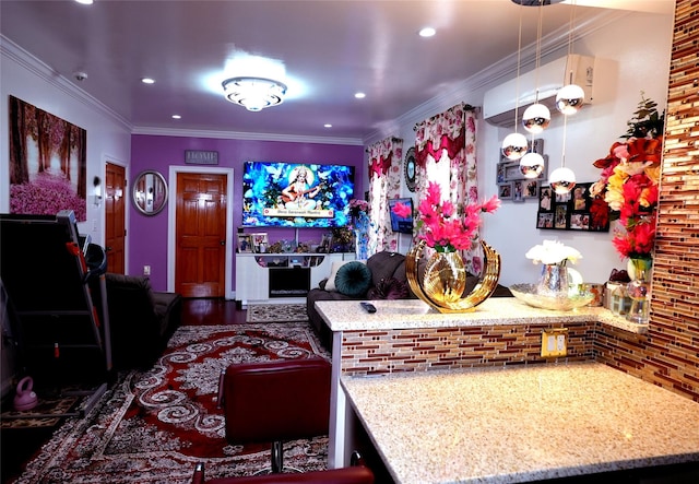 bar featuring hanging light fixtures, ornamental molding, dark hardwood / wood-style floors, and light stone counters