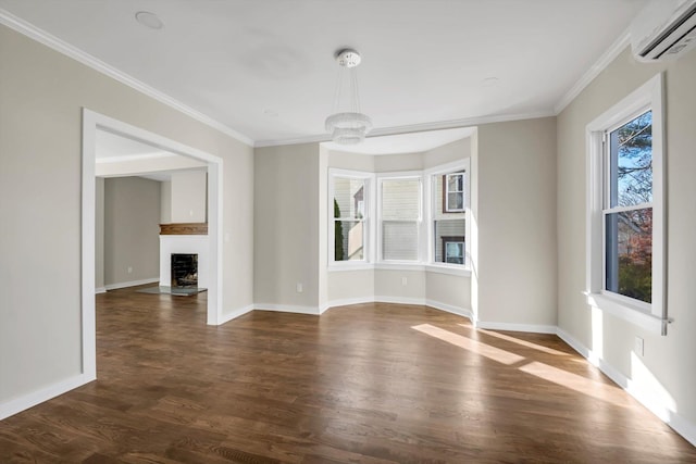 unfurnished dining area featuring crown molding, a wall mounted air conditioner, and dark hardwood / wood-style floors