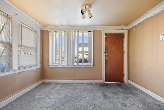 carpeted spare room featuring ornamental molding