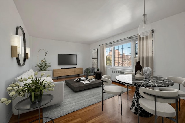 living room featuring radiator heating unit and wood-type flooring