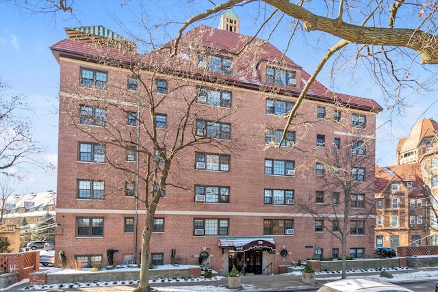 view of snow covered building