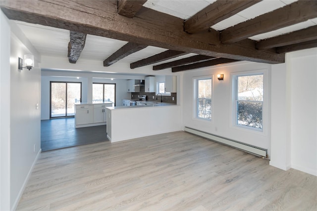 unfurnished living room featuring beamed ceiling, a baseboard radiator, sink, and light hardwood / wood-style flooring