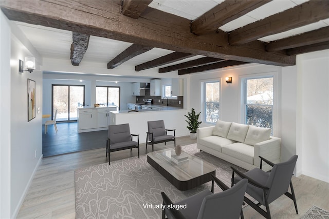 living room featuring sink, beamed ceiling, and light wood-type flooring