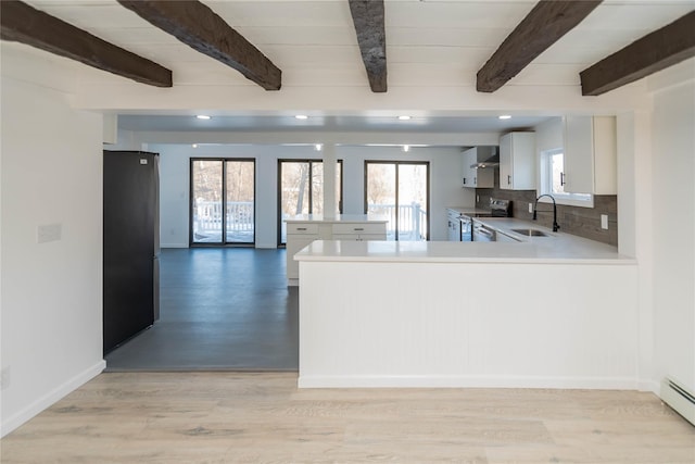 kitchen featuring sink, plenty of natural light, stainless steel appliances, white cabinets, and kitchen peninsula