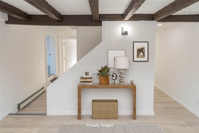 hall with beam ceiling, light hardwood / wood-style flooring, and baseboard heating