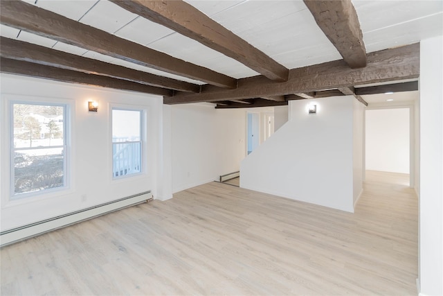 basement with light wood-type flooring and baseboard heating