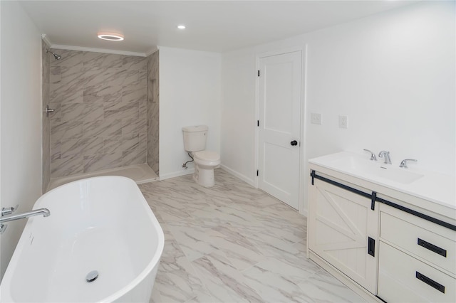 full bathroom with ornamental molding, vanity, toilet, and separate shower and tub