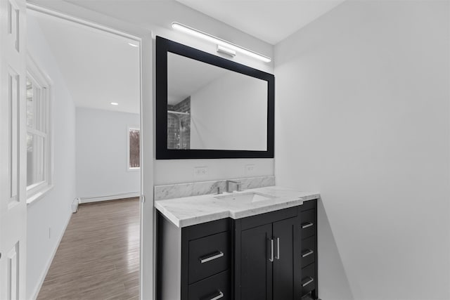 bathroom with vanity and wood-type flooring