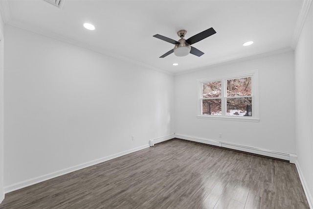 unfurnished room featuring ceiling fan, a baseboard radiator, ornamental molding, and wood-type flooring