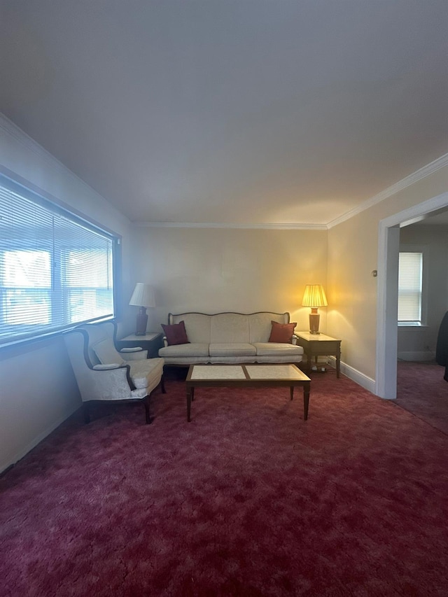 carpeted living room with ornamental molding