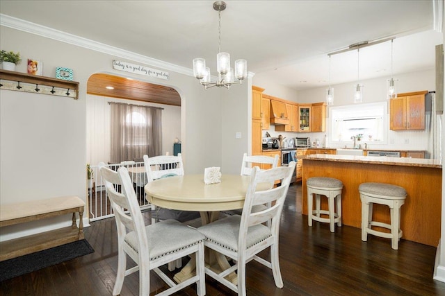 dining room with ornamental molding, dark wood-type flooring, sink, and a notable chandelier