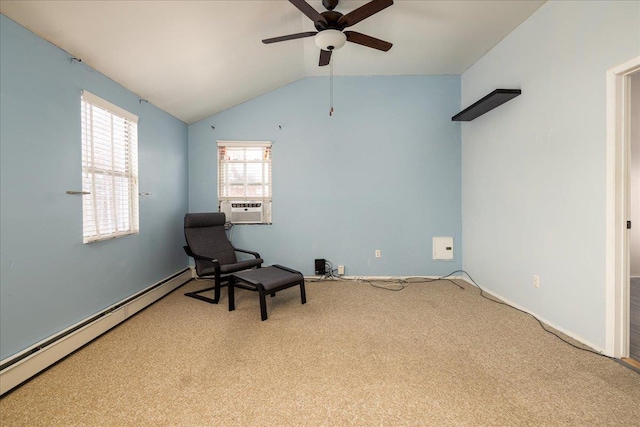 sitting room with vaulted ceiling, a baseboard radiator, cooling unit, ceiling fan, and light carpet