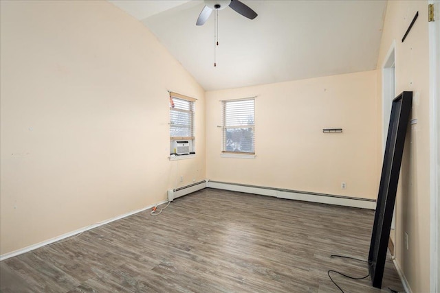 spare room with lofted ceiling, ceiling fan, baseboard heating, cooling unit, and hardwood / wood-style floors