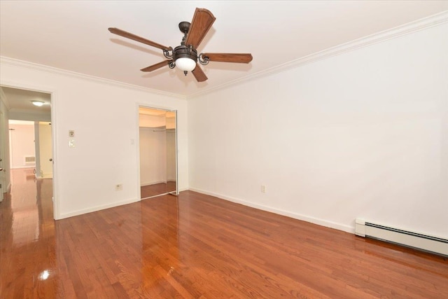 unfurnished bedroom featuring hardwood / wood-style floors, ornamental molding, ceiling fan, baseboard heating, and a closet