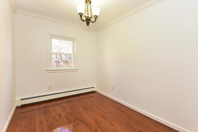 unfurnished room featuring crown molding, wood-type flooring, a baseboard heating unit, and an inviting chandelier