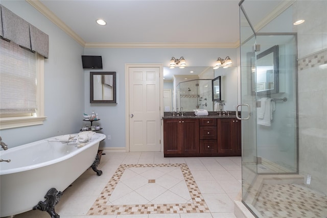 1750 Laurel Lake Dr, Mattituck, NY 11952 - bathroom with a shower stall, a freestanding bath, double vanity, ornamental molding, and tile patterned flooring