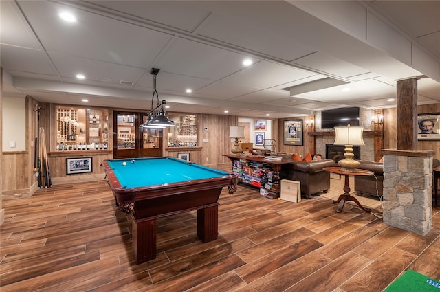 1750 Laurel Lake Dr, Mattituck, NY 11952 - recreation room featuring a bar, wood finished floors, wood walls, billiards, and recessed lighting