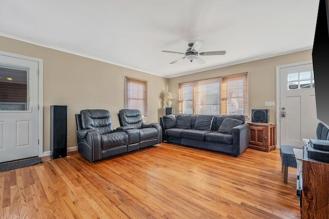 living room with light hardwood / wood-style flooring, crown molding, and plenty of natural light