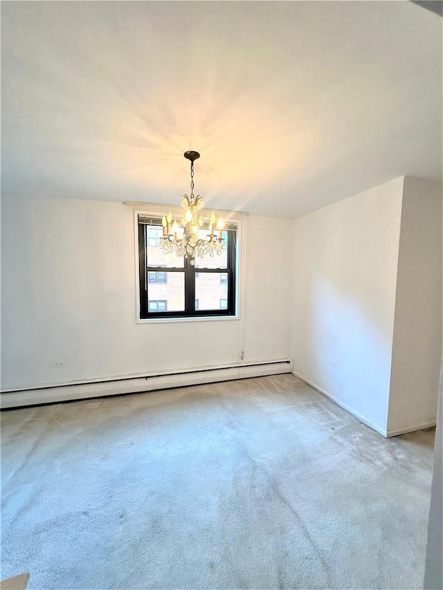 unfurnished room with an inviting chandelier, a baseboard radiator, and light colored carpet