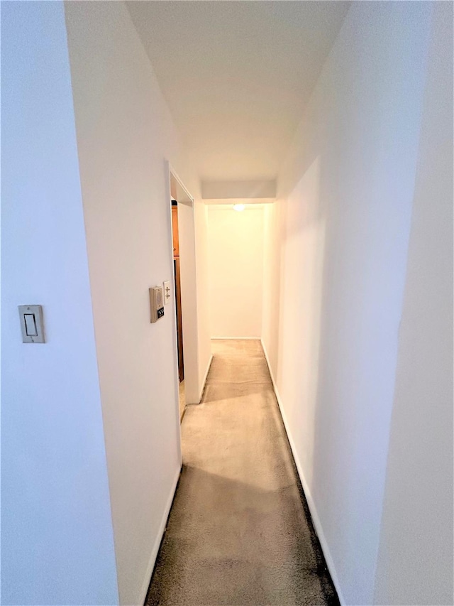 hallway featuring light colored carpet