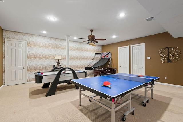 game room with ceiling fan