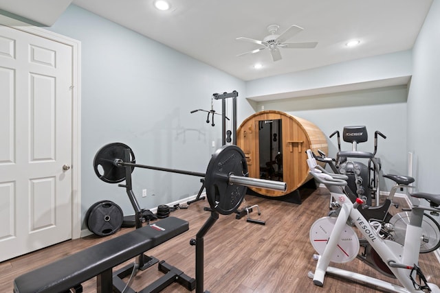 workout room featuring hardwood / wood-style flooring and ceiling fan