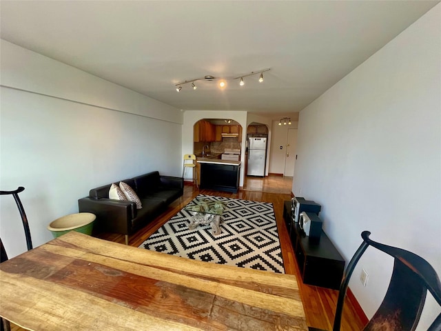 living room featuring hardwood / wood-style floors and sink