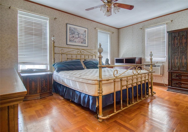 bedroom featuring cooling unit, parquet flooring, and ornamental molding