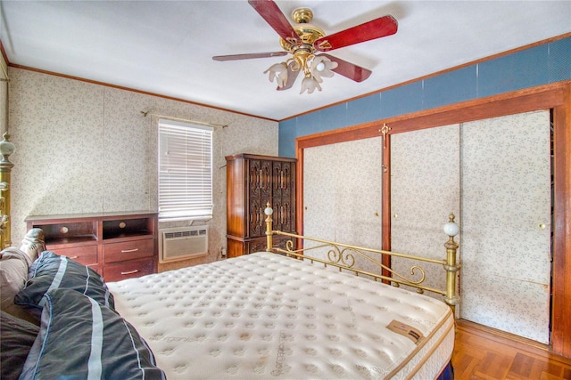 bedroom with crown molding, parquet flooring, cooling unit, and ceiling fan