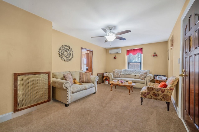 living room with a wall unit AC, ceiling fan, and carpet flooring