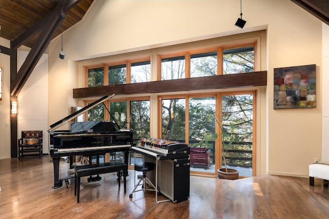 misc room featuring wood ceiling, wood-type flooring, beam ceiling, and high vaulted ceiling