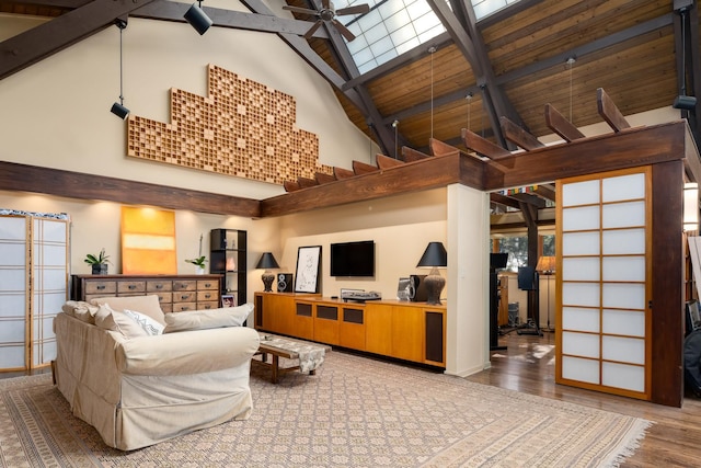 living room with ceiling fan, wood-type flooring, beam ceiling, and high vaulted ceiling