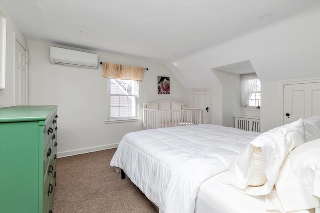 bedroom featuring lofted ceiling, carpet flooring, and a wall mounted AC