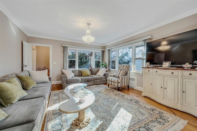 living room featuring ornamental molding, radiator, and light hardwood / wood-style floors