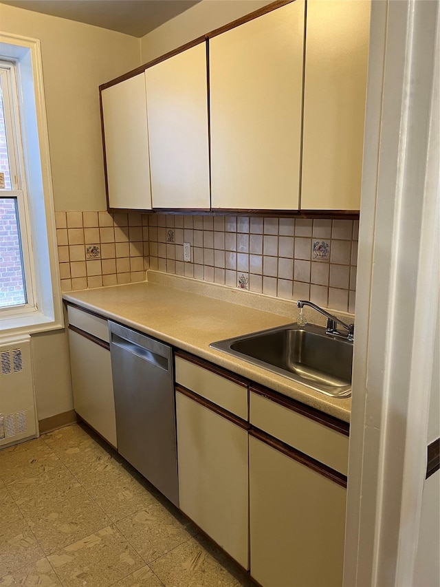 kitchen with sink, radiator, dishwasher, backsplash, and white cabinets