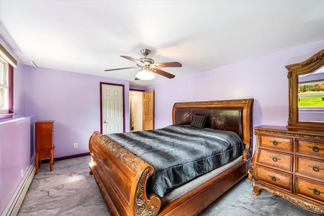 bedroom featuring ceiling fan and a baseboard heating unit