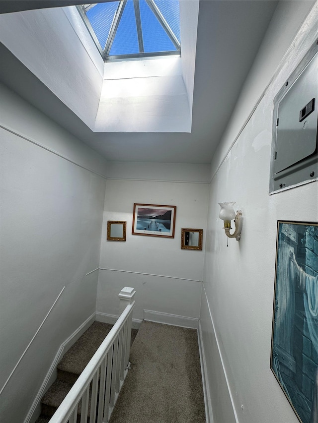 interior space featuring dark colored carpet and a skylight