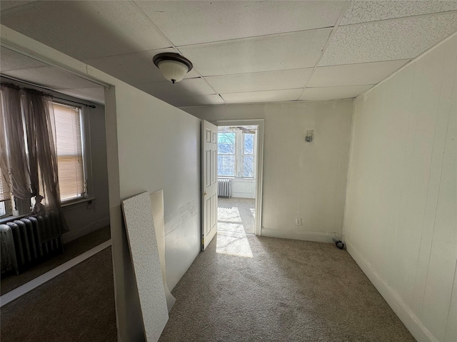 hall with a paneled ceiling, carpet flooring, and radiator