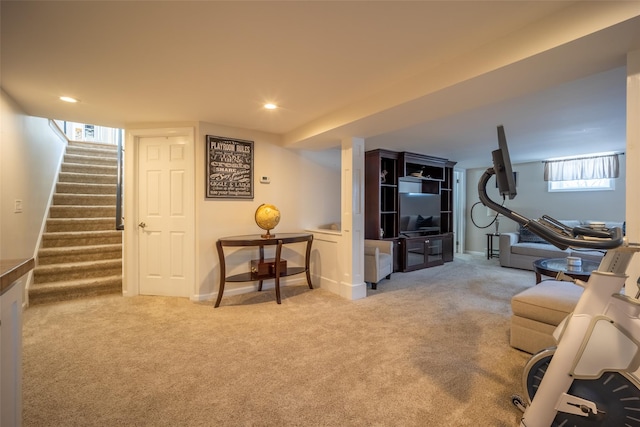 interior space featuring recessed lighting, baseboards, and carpet floors