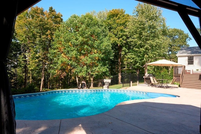 view of pool featuring a fenced in pool, a patio area, and fence