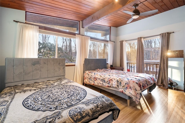 bedroom featuring beam ceiling, ceiling fan, wood ceiling, and light hardwood / wood-style flooring